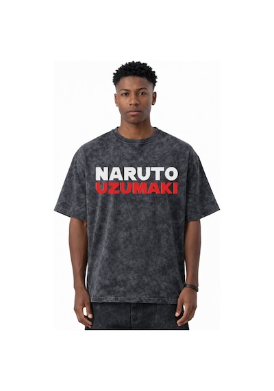 Naruto Uzumaki Jinchuriki Anime Baskılı Unisex Oversize Eskitme Y Siyah