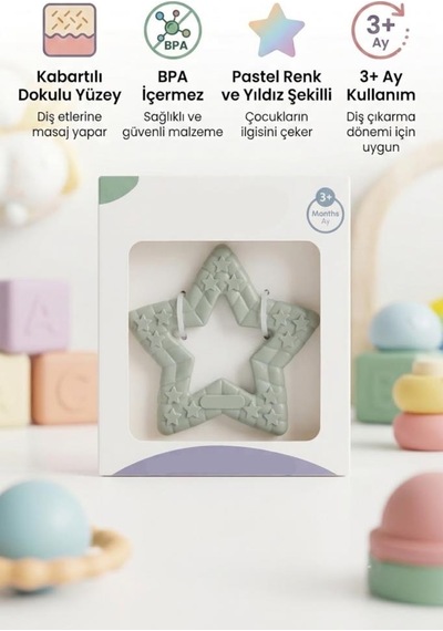 Yıldız Şekilli Esnek Bpa İçermeyen Kabartılı Pastel Renkli Oyuncak Bebek Diş Kaşıyıcısı Mint