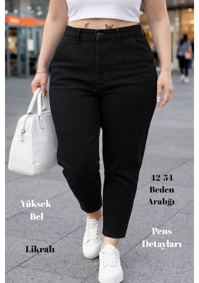 Cedy Denim Mom Fit Jean Büyük Beden Yüksek Bel Carrot Kesim Dar Paça Pileli Esnek Kot Pantolon C600 Siyah