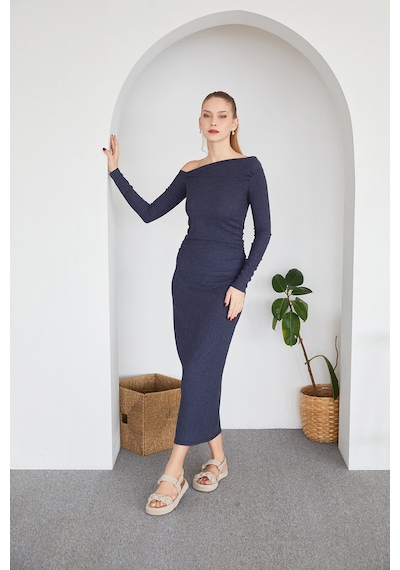 Fullamoda Bürümcük Kumaş Drapeli Kayık Yaka Bluz 25ygb650128140-indigo Indigo