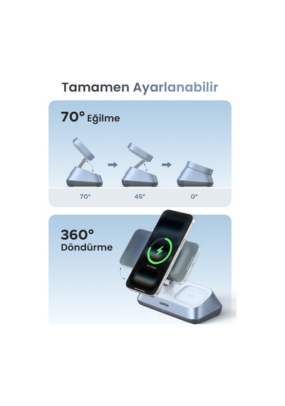 Ugreen Magflow 3-in-1 Qi2 25w Magsafe Manyetik Kablosuz Şarj İstasyonu, 55677