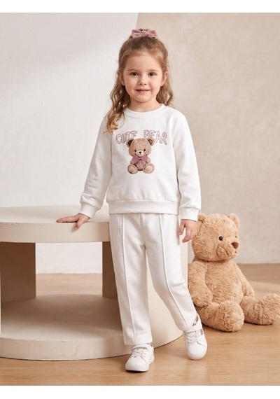 Zekids Kız Çocuk Beyaz Ayıcık Baskılı Bisiklet Yaka Eşofman Takımı-17433