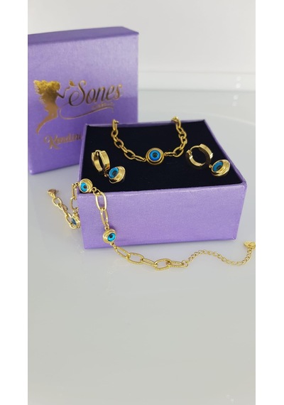 Nazar Boncuklu Çelik Takı Seti Sns10 Gümüş - Rose Gold