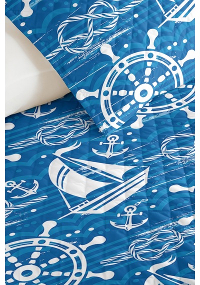 Mavi Marine Genç Odası Tek Kişilik Pike Takımı - Nautical Beyaz 160x220 Cm Kapitone Yatak Örtüsü Eski Papatya Yansıması