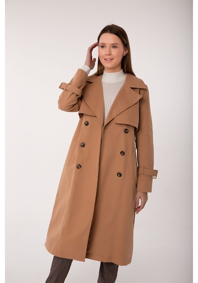 Pastelastore %100 Pamuk Gabardin Uzun 110cm Astarlı Kemerli Kadın Trençkot 1111 Bej