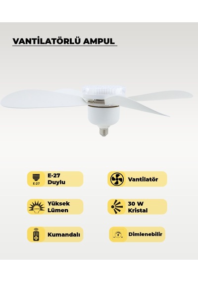 5 Kanatlı Vantilatör Led Ampul 3 Renk - Kumandalı 1 Adet