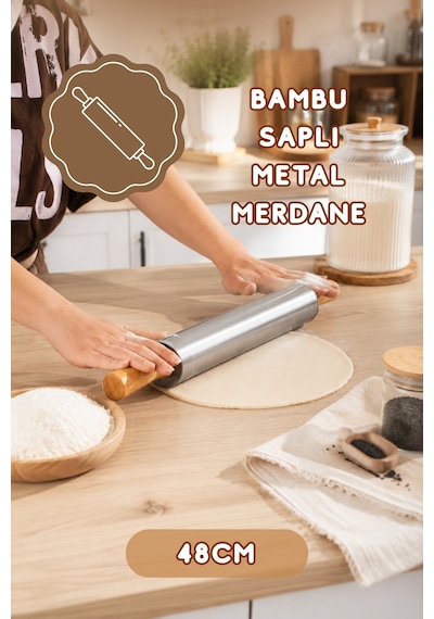 Porsima Mnb05774 Ahşap Saplı Paslanmaz Çelik Merdana Oklava Hamur Pizza Börek Açma Oklava 48cm