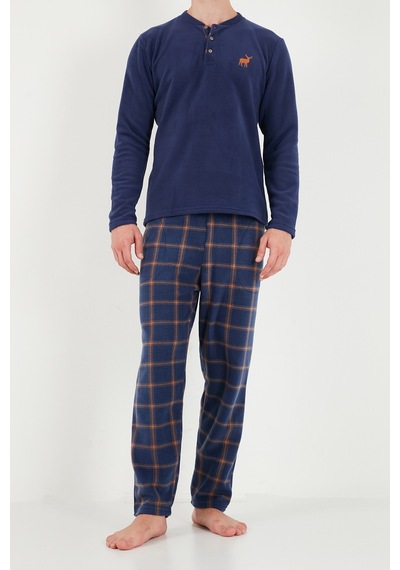 Buratti Ekoseli Düğmeli Bisiklet Yaka Yumuşak Polar Pijama Takımı Erkek Pijama Takımı 6097019 İndigo