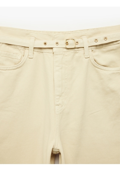 Koton Pamuklu Yüksek Bel Kemerli Geniş Paça Pantolon - Wide Leg Jeans Ekru 6sal40060mw