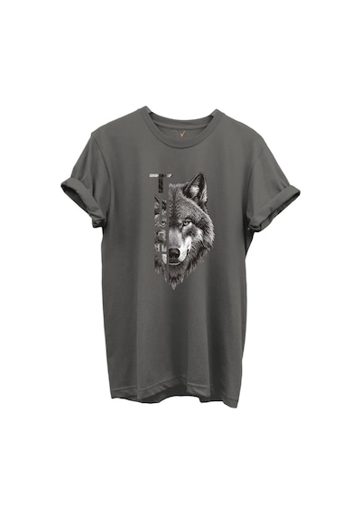 Yarı Kurt Yarısı Türk Yazı Tasarım Baskılı %100 Pamuk T-shirt Antrasit
