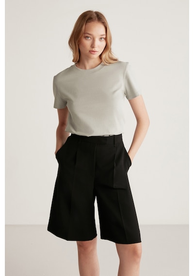 Grimelange Samantha Kadın %100 Organik Pamuklu Comfort Fit Arkası Uzun Basic Örme Açık Gri T-shirt Açık Gri