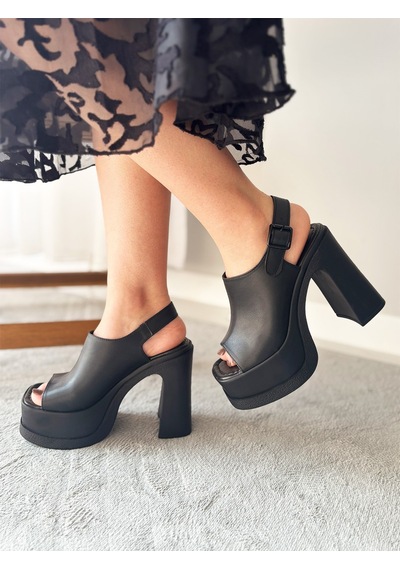 Asmi Shoes Kadın Veronica Siyah Cilt 12 Cm Önü Ve Arkası Açık Platform Topuklu Ayakkabı