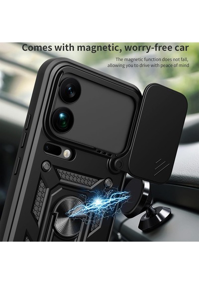 Xiaomi 17 Pro Max İle Uyumlu Kılıf Magnetik Standlı Kamera Korumalı Sürgülü Kapak Siyah