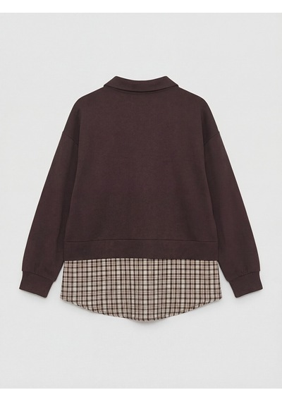 Lcw Modest Kahverengi Gömlek Yaka Ekoseli Kadın Sweatshirt Tunik