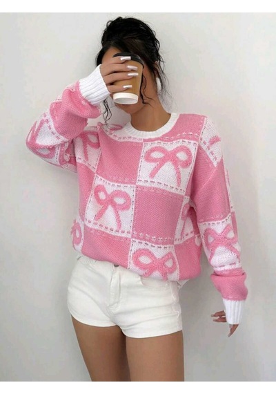 Sayzen Your Shine Kurdele Işlemeli Kareli Oversize Kazak Sy-2502 Pembe