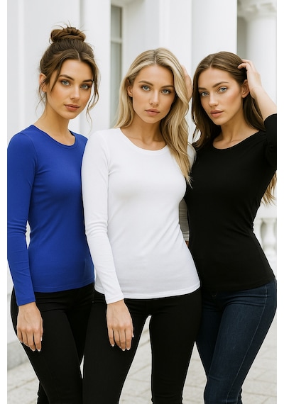 Kadın Siyah-saks Mavi-beyaz 3'lü Paket Bisiklet Yaka Uzun Kollu Body Siyah-saks Mavi-beyaz Kadın Siyah-saks Mavi-beyaz 3'lü Paket Bisiklet Yaka Uzun Kollu Body Siyah-saks Mavi-beyaz