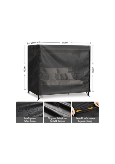 Bahçe Salıncak Koruma Örtüsü Üç Kişilik Tenteli Hamak Bahçe Salıncağı Koruma Kılıfı Su Geçirmez Branda Dayanıklı 210x125x170cm Siyah