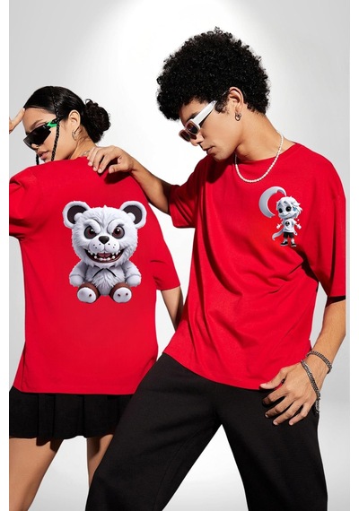 Freddy Korkunç Ayı Kırmızı Oversize Unisex Ön Ve Sırt Baskılı Tişört Kırmızı