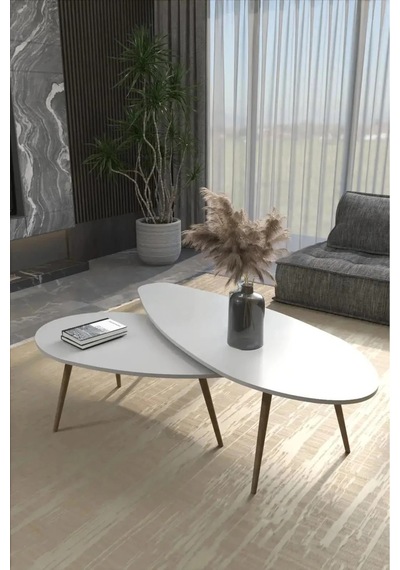 Orta Sehpa Seti Modern 2 Li Ahşap Ayaklı Beyaz
