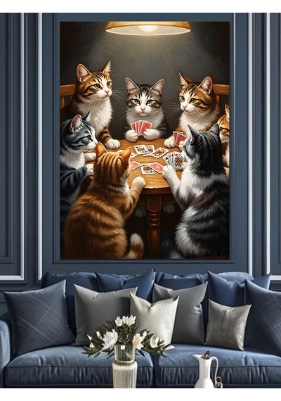 Ahşap Tablo Masada Poker Oynayan Kediler