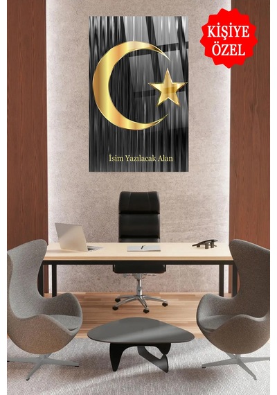 Kişiye Gold Türk Bayrağı Cam Tablo Modern Duvar Dekoru Solmayan Canlı Renkler Salon Ve Oturma Odası Yeni Ev Hediyesi 4mm Kırılmaz Cam