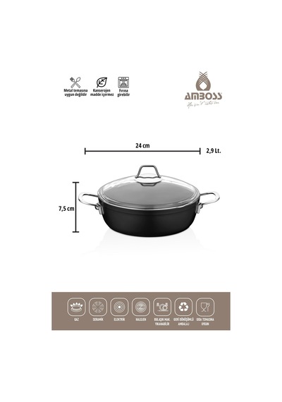 Amboss Dark 1325 Basık Tencere Cam Kapaklı 26 CM