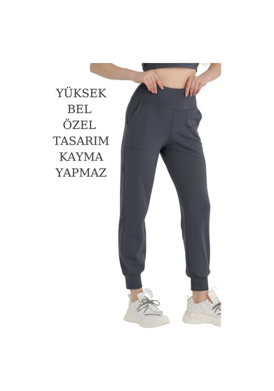 Kadın Curve Eşofman Alt Antrasit Jogger Dalgıç Kumaş Yüksek Bel Çift Cepli Joggers 1061 Antrasit