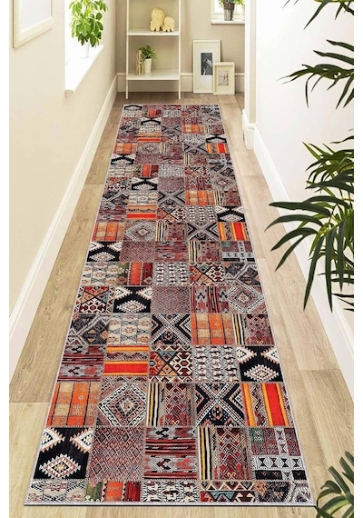Viva Home Kaymaz Tabanlı Makinede Yıkanabilir Patchwork Rulo Yolluk Halı, Turuncu, 80 X 300 Çok Renkli