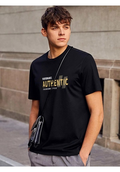 Oversize Unisex Authentic Baskılı Bisiklet Yaka Siyah T-shirt Siyah