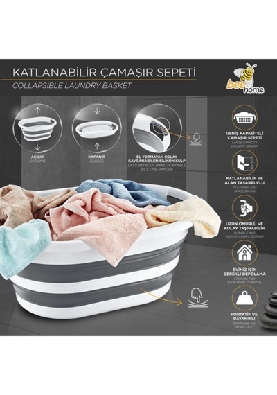 Katlanır Çamaşır Sepeti Gri&Beyaz