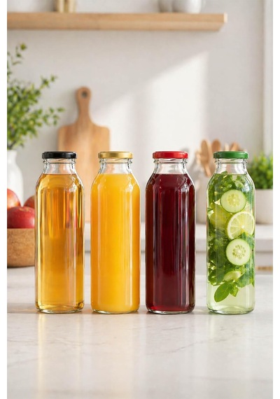 250 Ml Şeffaf Hale Cam Şişe, Yeşil Metal Kapaklı, Meyve Suyu Ve İçecekler İçin, 250 Cc, Yerli Üretim, 6 Adet Çok Renkli