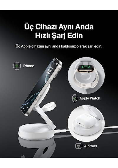 Magsafe Uyumlu Şarj Cihazı, 3'ü 1 Arada Dönüştürülebilir Kablosuz Şarj İstasyonu, İphone 17, Apple Watch, Airpods İçin Qi2 Sertifikalı 15 W Şarj, Kaymaz Tabanlı, 36 W Adaptör Dahil, Beyaz Çok Renkli Magsafe Uyumlu Şarj Cihazı, 3'ü 1 Arada Dönüştürülebilir Kablosuz Şarj İstasyonu, İphone 17, Apple Watch, Airpods İçin Qi2 Sertifikalı 15 W Şarj, Kaymaz Tabanlı, 36 W Adaptör Dahil, Beyaz Çok Renkli