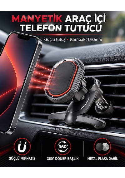 Dexxony A23 Mıknatıslı Klipsli Havalandırma Araç İçi Telefon Tutucu 360 Metal Plakalı Siyah