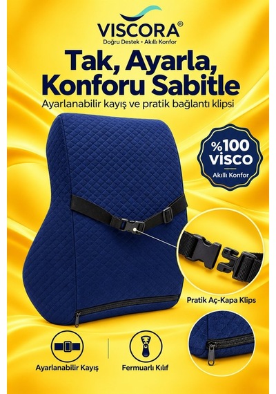Araba Sırt Minderi Ofis Koltuk Sırt Minderi Ergonomik %100 Visco Klipsli Destek Yastığı, Lacivert