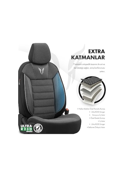 Ayrex Toro Design Ortopedik Ekstra Destekli Oto Koltuk Kılıfı Özel Pamuklu Kumaş Tam Set - Siyah-gri Diğer