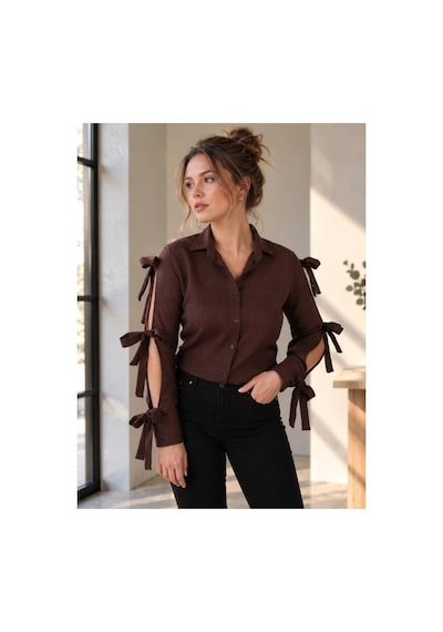 Armonika Kadın Koyu Kahve Kolları Yırtmaçlı Bağcık Detaylı Gömlek Arm-26y001058