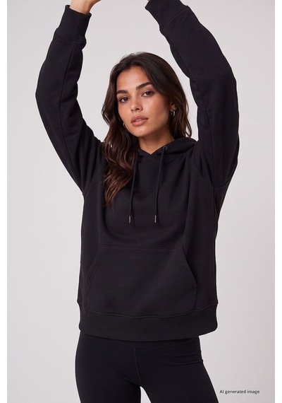 TOMMYLIFE Siyah Standart Kapüşonlu Kanguru Cepli Basic Kadın Sweatshirt - 97321