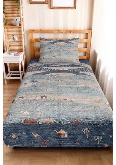 Mavi Etnik Genç Odası Tek Kişilik Pike Takımı - Bohem Deve Figürlü 160x220 Cm Kapitone Yatak Örtüsü Altın