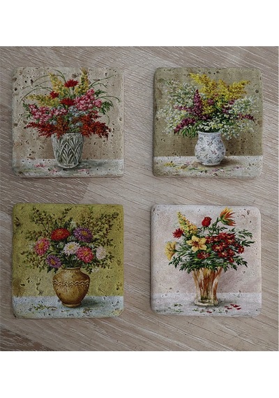 Vazoda Çiçekler Doğal Taş Bardak Altlığı 4'lü Set - Natural Stone Coasters - Taş Çok Renkli