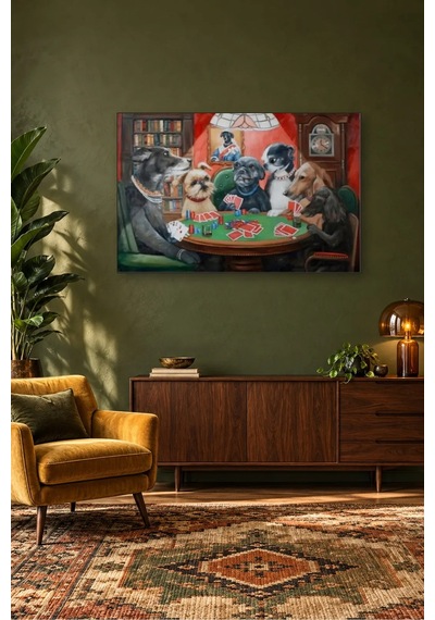 Fida Kütüphanede Poker Oynayan Köpekler Canvas Tablo Çok Renkli