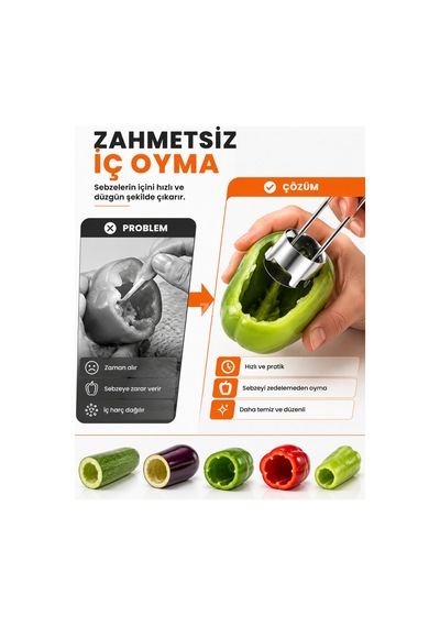 Metal Kabak Oyucu Paslanmaz Çelik Sebze İç Oyacağı Dolmalık Kabak, Patlıcan, Biber Ve Salatalık Oyma Aparatı Gri