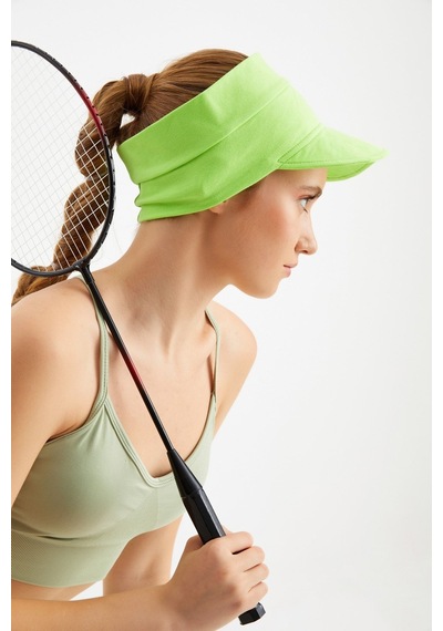 Butikgiz Kadın Uv Korumalı Katlanabilir Üstü Açık Yumuşak Siperli %100 Pamuklu Penye Tenis Vizör Şapka Fıstık Yeşili