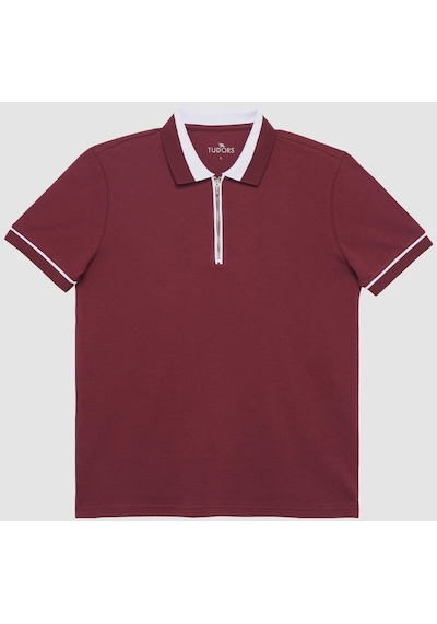 Tudors Erkek Slim Fit Dar Kesim %100 Pamuk Düz Pike Fermuarlı Bordo Polo Yaka Tişört-31111-bordo Bordo