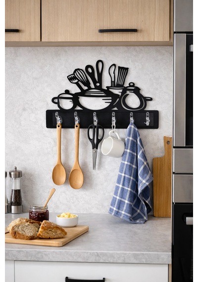 Mutfak Temalı Duvar Askılığı 6 Kancalı Mdf Duvar Askısı 39 X 29 Cm Siyah Siyah