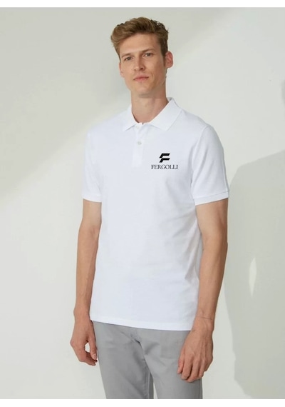 Yakası Düğmeli Yakalı Pike Baskılı T-shirt - Beyaz 2xl