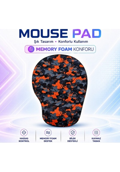 Black Flex Dijital Baskılı Memory Foam Ergonomik Bilek Destekli Orange Gri Mause Pad