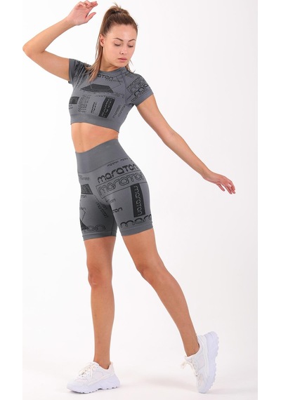 Maraton Active Slimfit Kadın Bisiklet Yaka Kısa Kol Koşu Antrasit Crop Top 811037 Antrasit