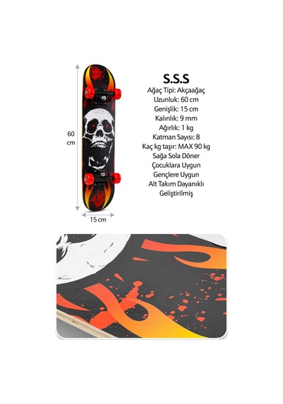 Orta Boy Kaykay 60 Cm 8 Katmanlı Canlı Desenli Kemik Teker Kaymaz Skateboard 2406 Gri