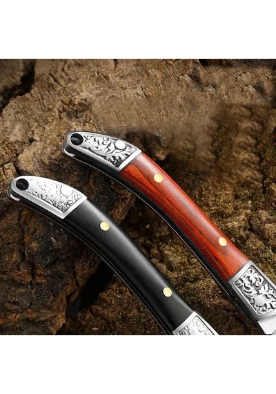 Valkyrie Mini Çelik İşlemeli Katlanır Outdoor Cep Kamp Bıçağı Şık Tasarım, Taşıması Kolay Ahşap Siyah Siyah