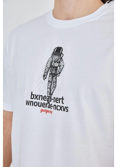 Erkek Baskılı T-shirt Kısa Kol Bisiklet Yaka Regular Fit Rahat Kalıp Günlük Tişört - Beyaz -Çok Renkli